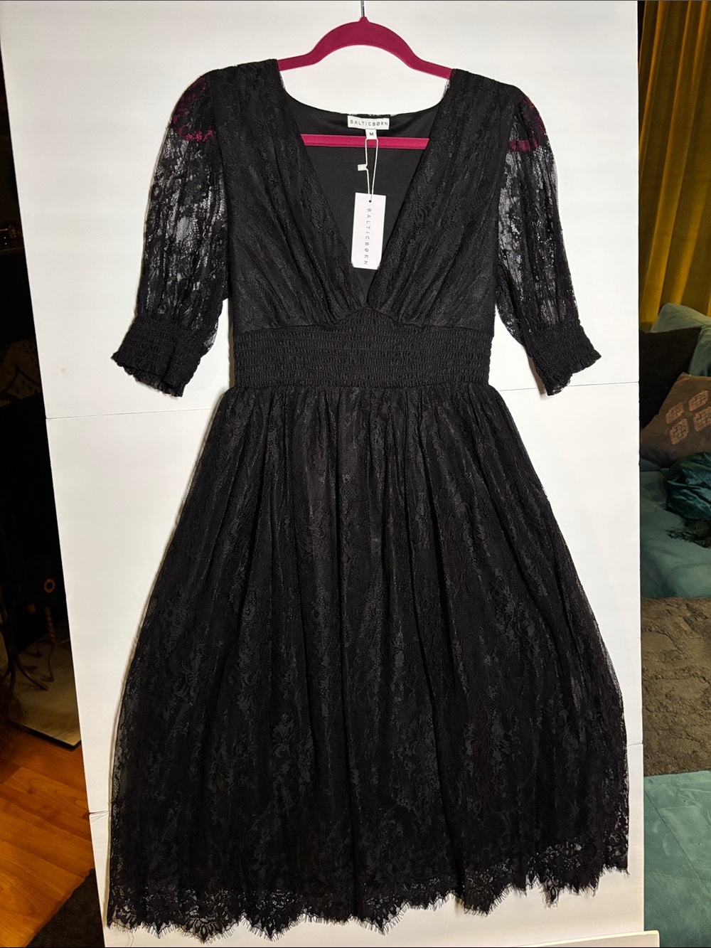 Baltic Born Black Lace V‑Neck Smocked Waist Midi Dress